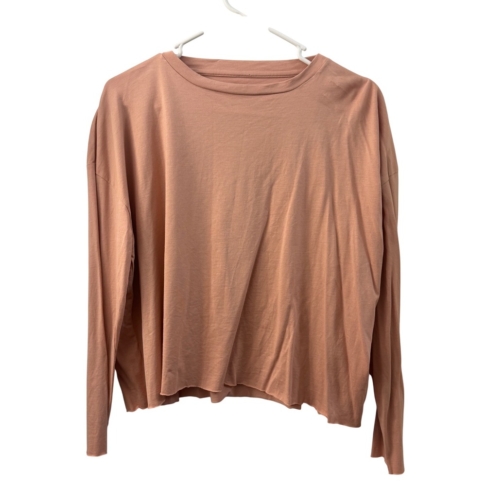 Planet by Lauren G Pima Cotton Oversized Raw Hem Long Sleeve Tee One Size Peach